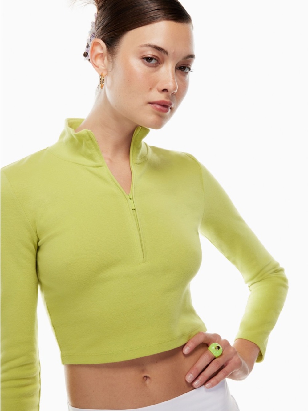 Aritzia Sunday Best Lime Green Cropped Half-Zip Mock Neck Top